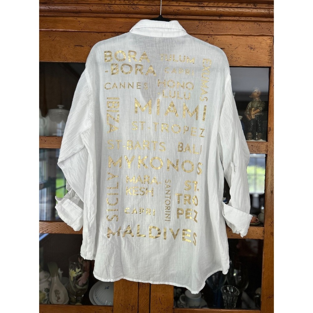 Elan White & Gold Blouse XL Destination Vista Cotton Button Down Vacation Beach